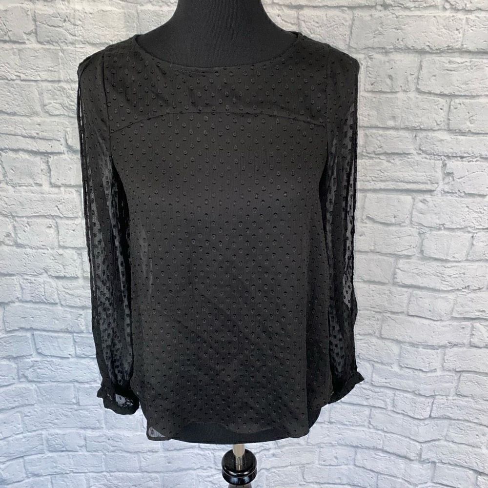BCBGENERATION women XS sheer black Longsleeve top w/scallop cross back